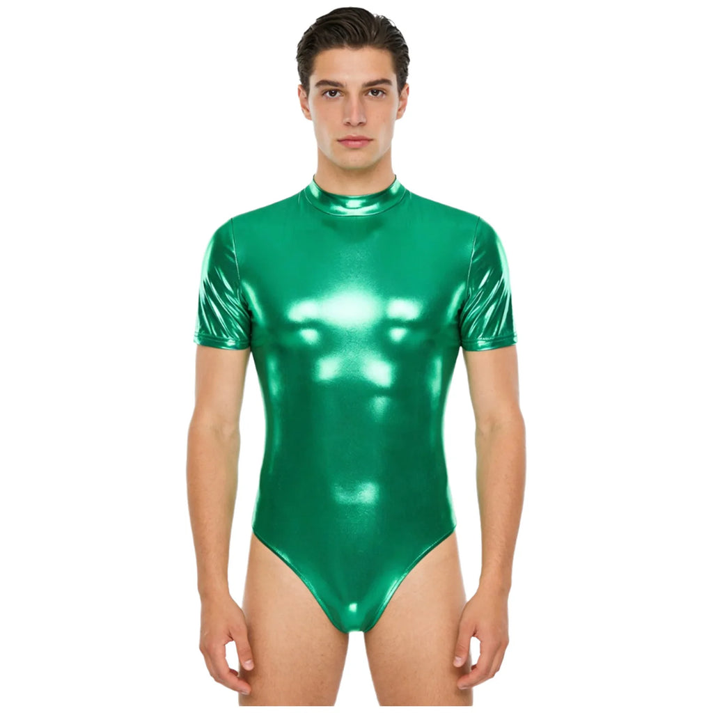 Men's Metallic Dance Bodysuit | Short Sleeve Mock Neck | Back Zipper | Stage Performance