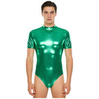 Men's Metallic Dance Bodysuit | Short Sleeve Mock Neck | Back Zipper | Stage Performance