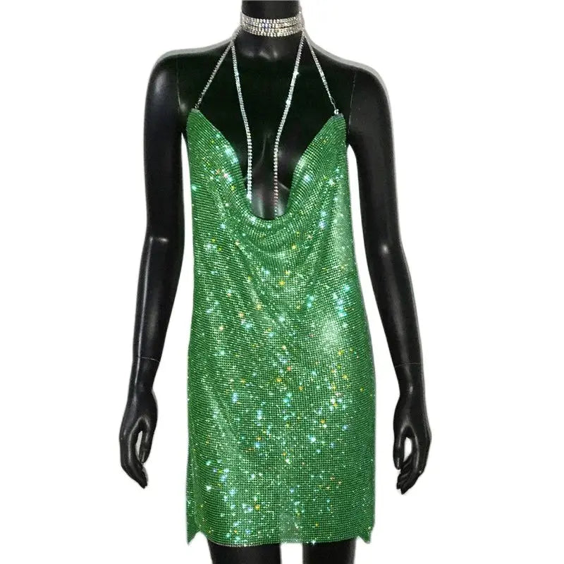 Rhinestone Mini Dress - Sheer Sequin Bodycon Dress with Asymmetric Neckline