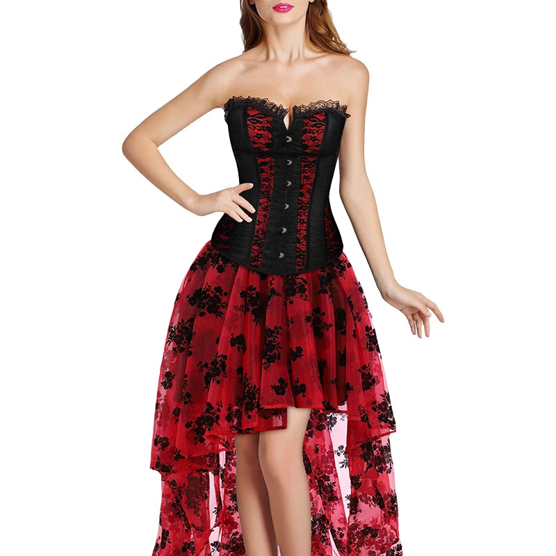 Gothic Floral Corset Dress Set | Red & Black | Lace Skirt | Plus Size