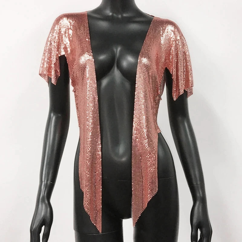 Metal Sequin Crop Cardigan - V-Neck Festival Performance Top