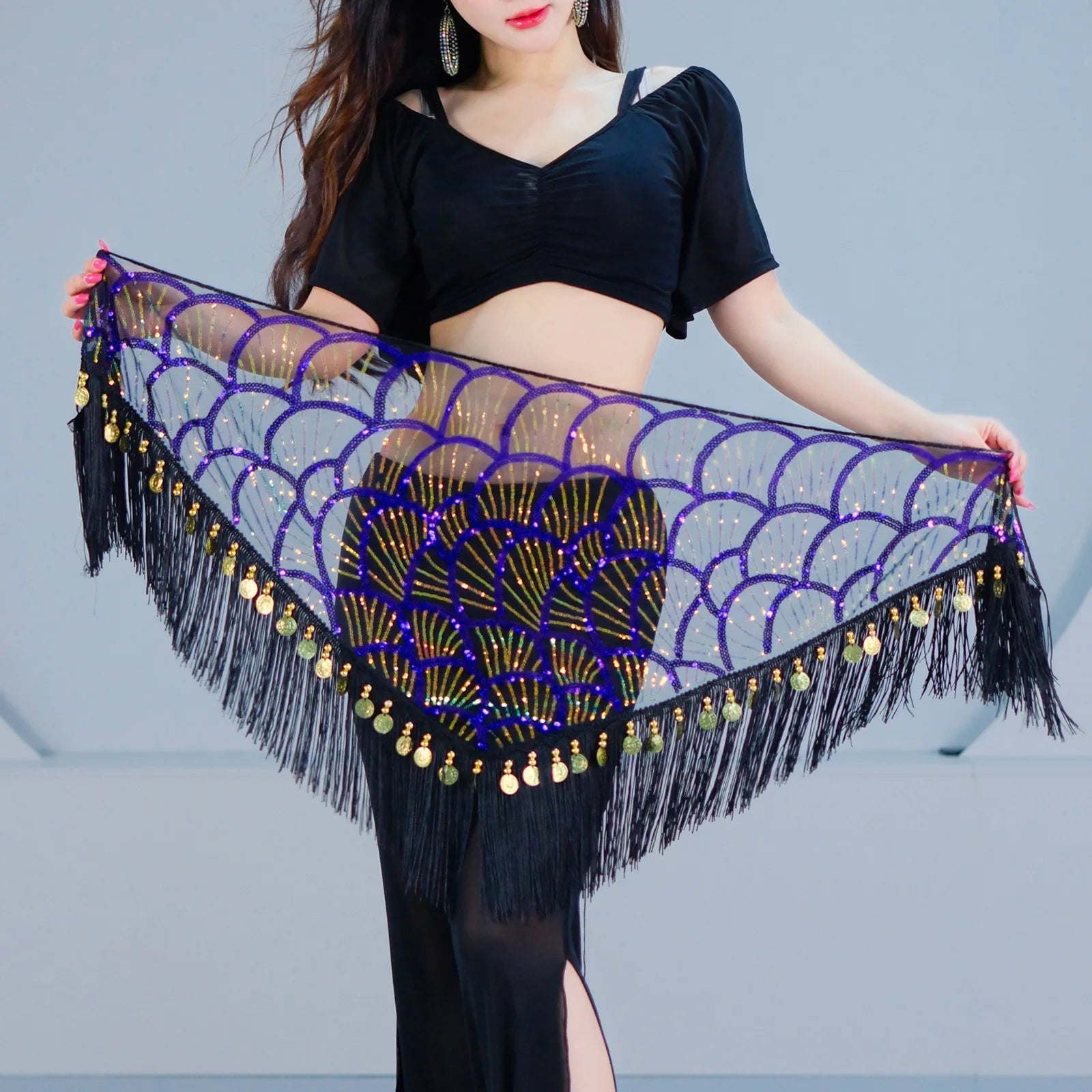 Belly Dance Hip Scarf | Sequin Fringe | Gold Coins