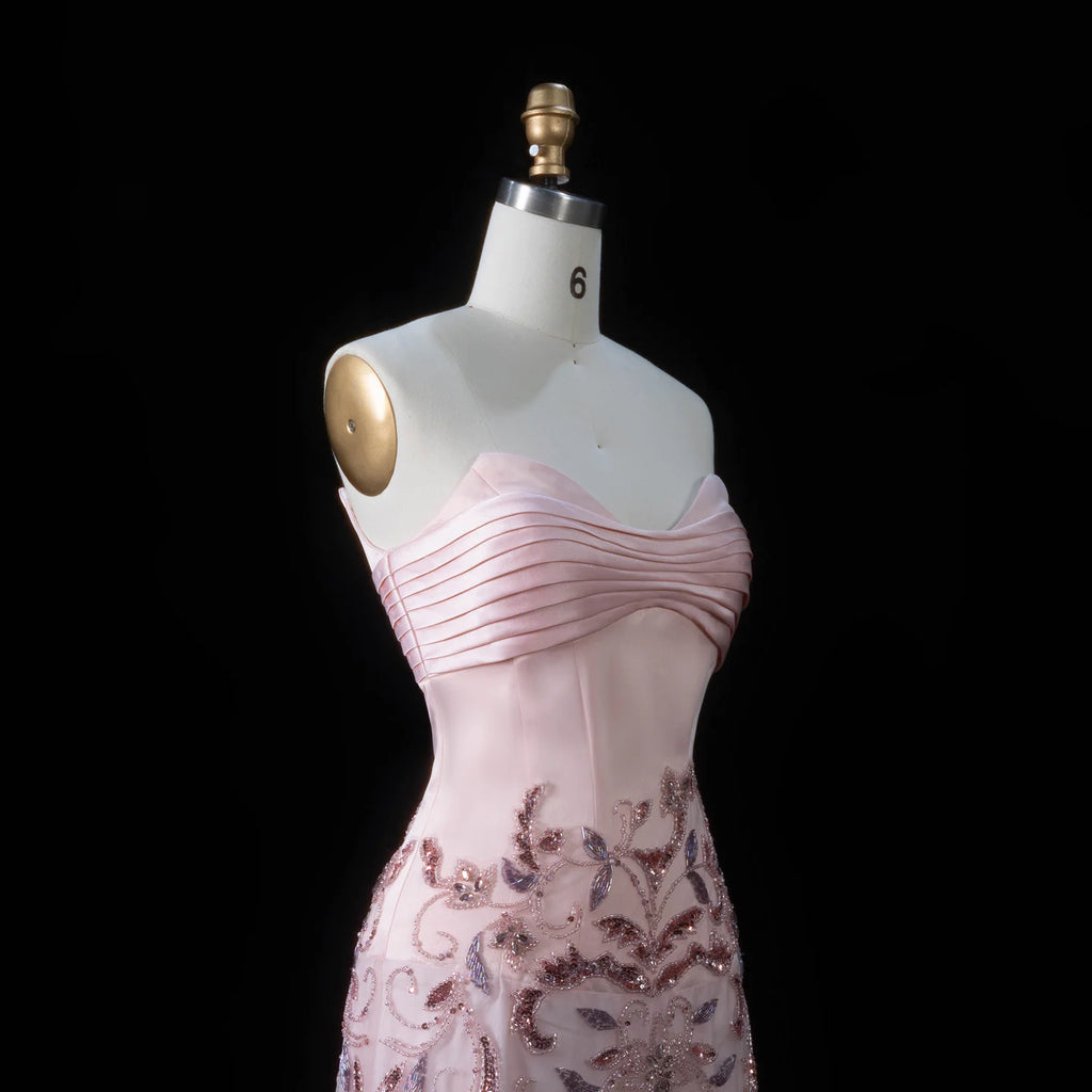 Beaded Sequin A-Line Gown | V-Neck Pleated Tulle | Blush Pink
