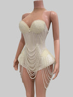 Pearl Beading Halter Bodysuit - Luxury Backless Performance Wear for Singers & Dancers