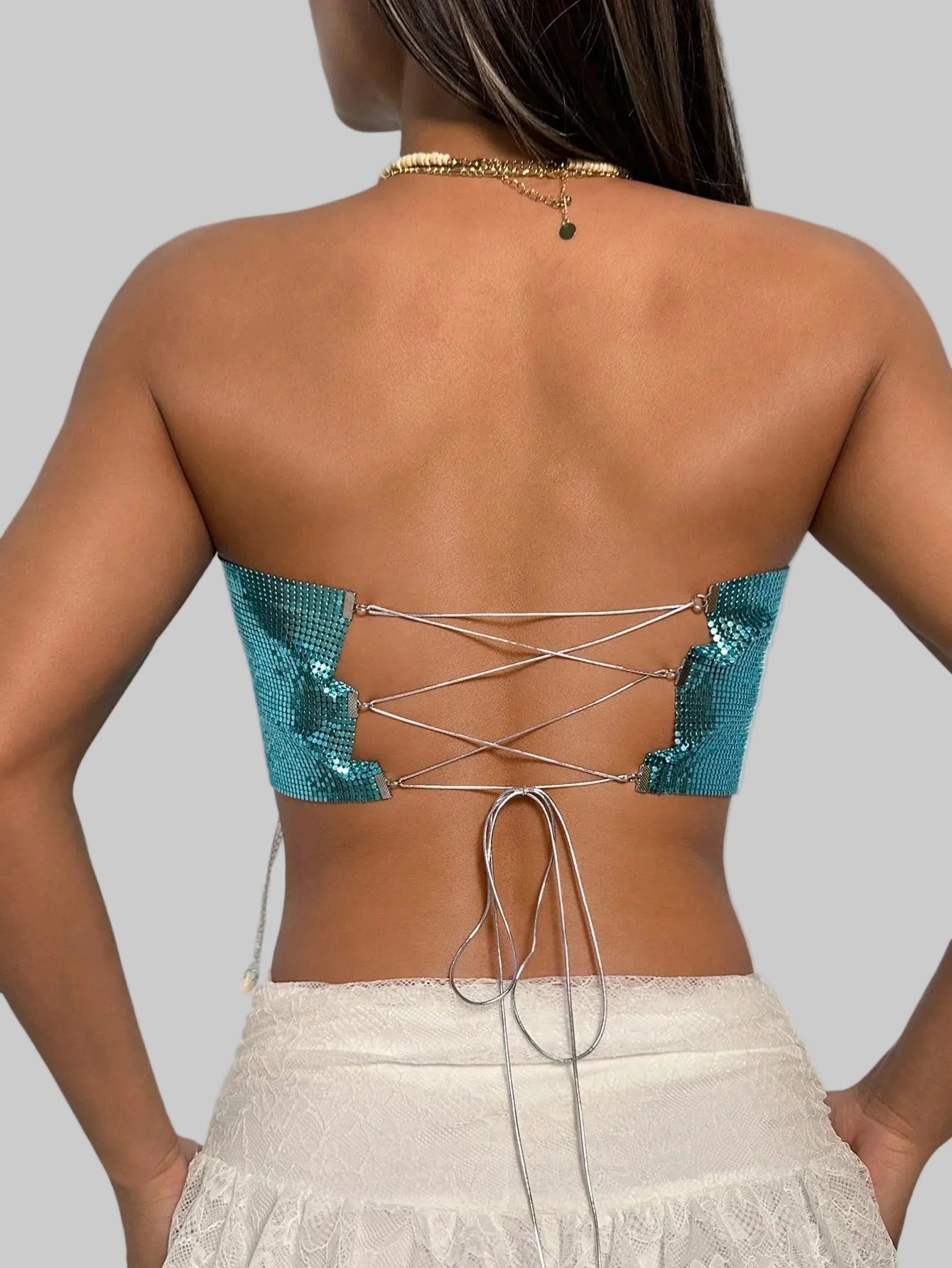 Sequin Shell Tassel Chain Tube Top - Backless Bandage Crop Top