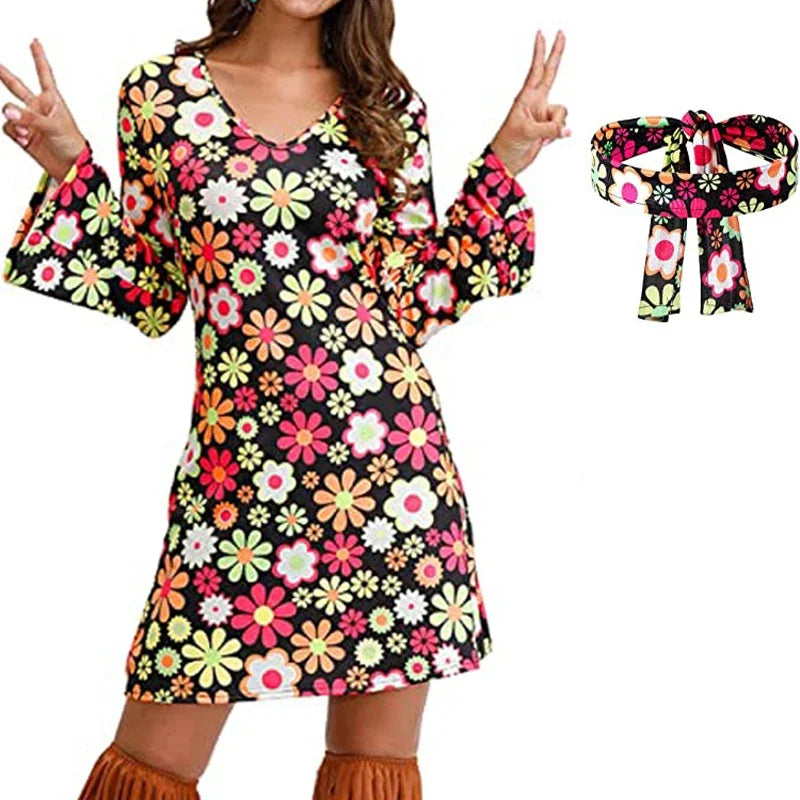 Hippie Mini Dress Set | Flare Sleeve | 60s 70s Retro