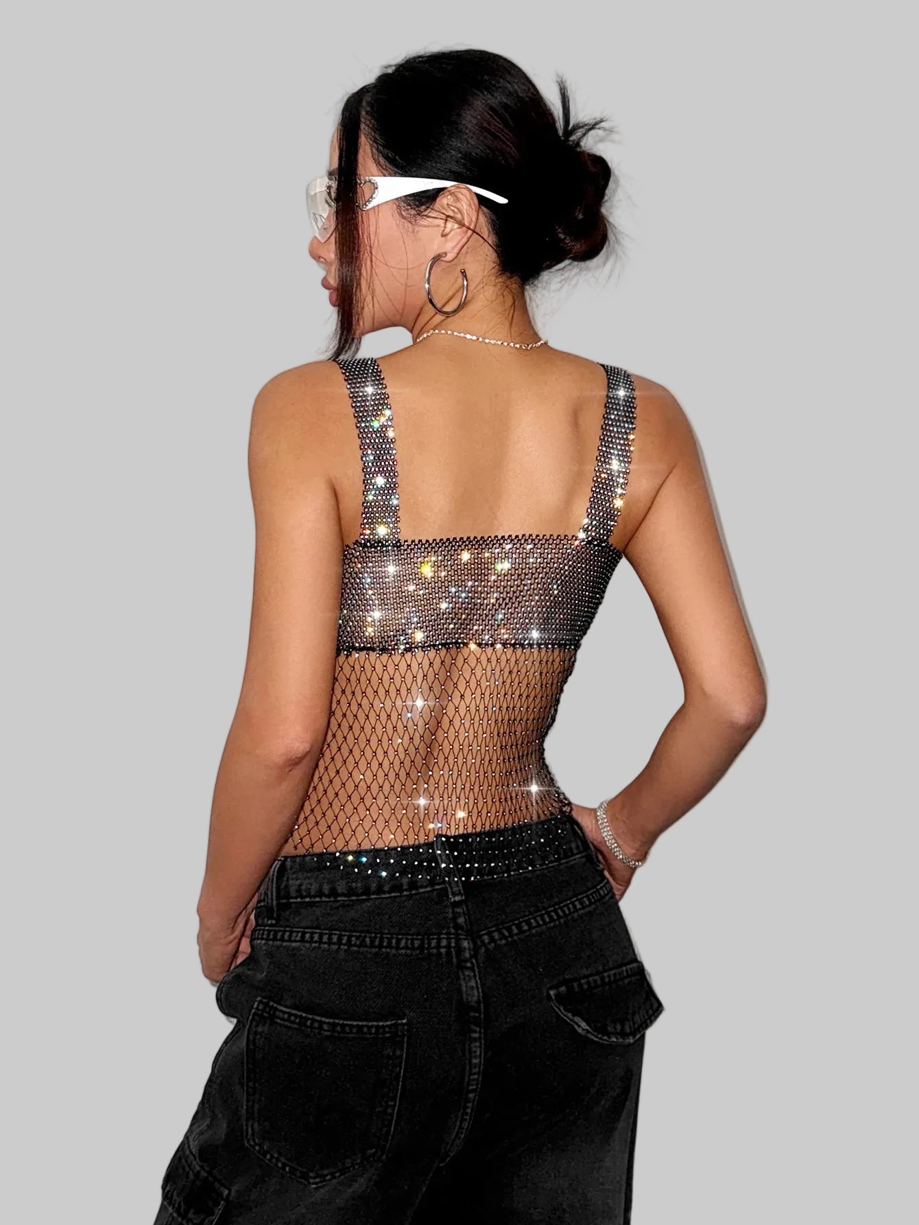 Rhinestone Fishnet Mesh Hollow-Out Crop Top