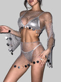 Rhinestone Mesh 2-Piece Set - Long Sleeve Top & Tassel Mini Skirt