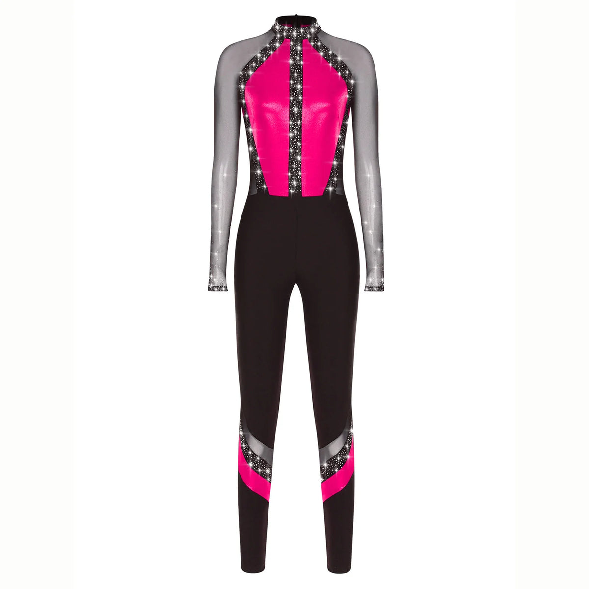 Women's Rhinestone Color-Block Dance Jumpsuit | Sheer Mesh Long Sleeve & Ankle Length | Gymnastics & Performance