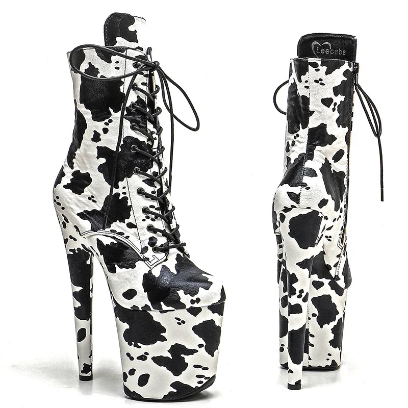 Cow Print Platform Pole Dance Boots – 8-Inch High Heel Stage Shoes