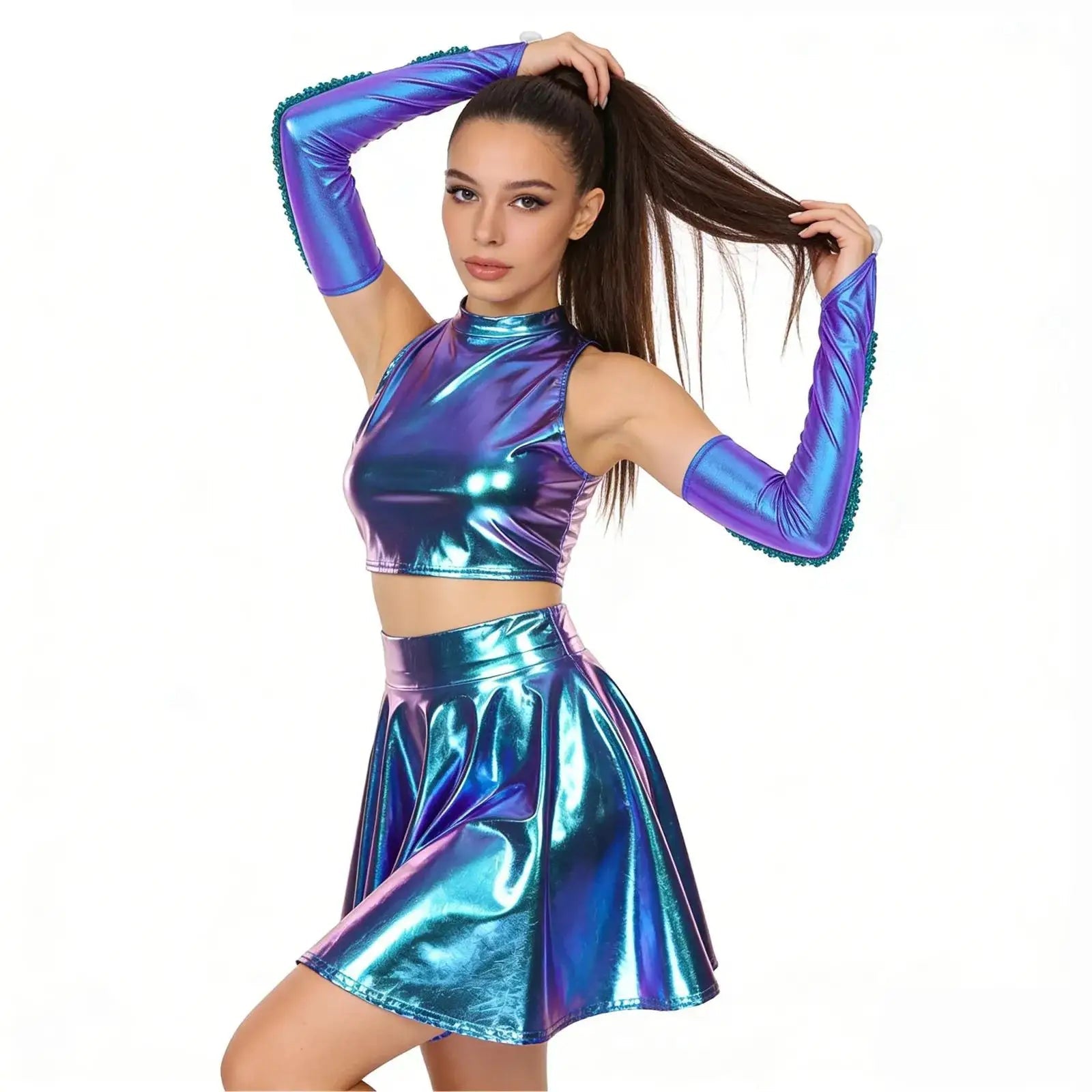 Holographic 3-Piece Set | Crop Top, Skirt & Gloves
