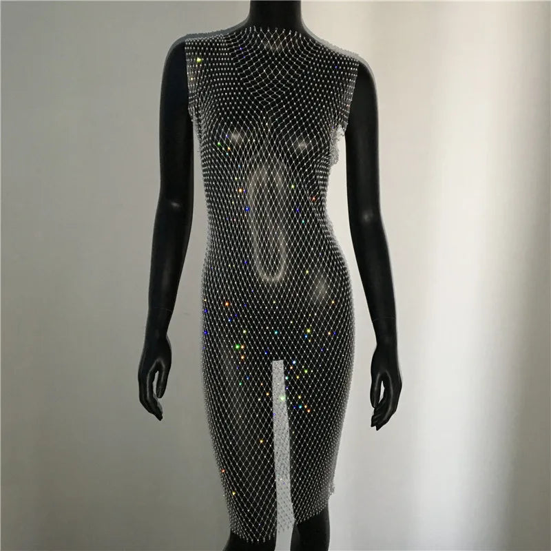 Rhinestone Fishnet Mini Dress - Sheer Cover Up