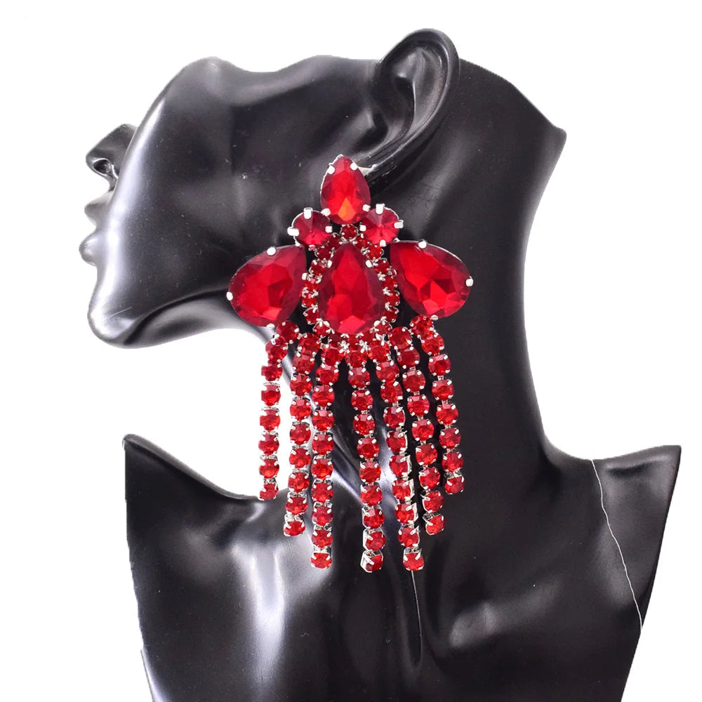 Crystal Rhinestone Tassel Drop Earrings | 12cm | Crystal, AB & Red