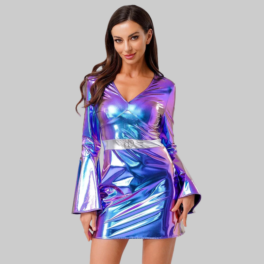 Women's Crystal 70s Disco Mini Dress - Metallic V-Neck Bodycon Costume