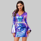 Women's Crystal 70s Disco Mini Dress - Metallic V-Neck Bodycon Costume