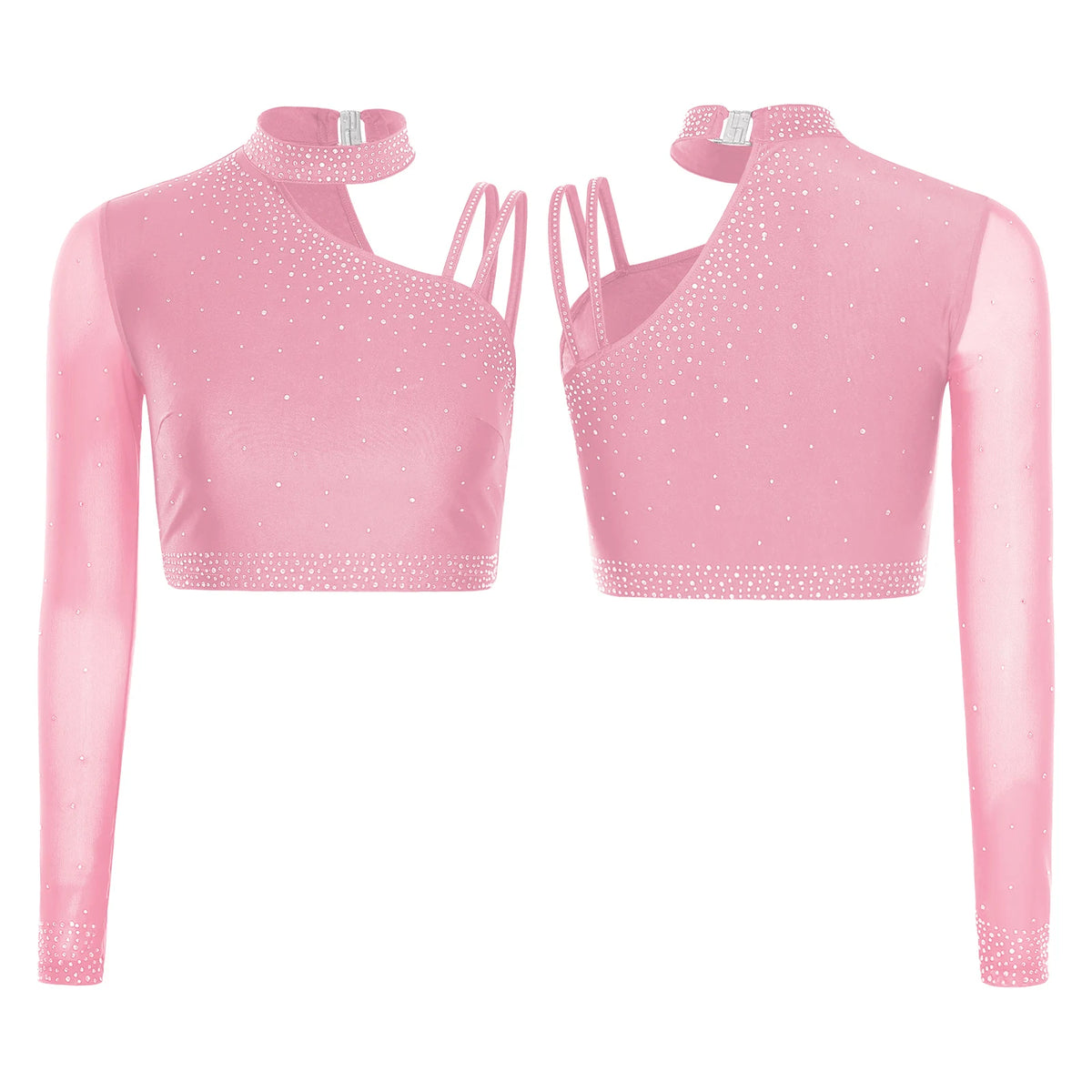 Rhinestone Asymmetric Dance Crop Top | One Mesh Sleeve | Latin Salsa Samba