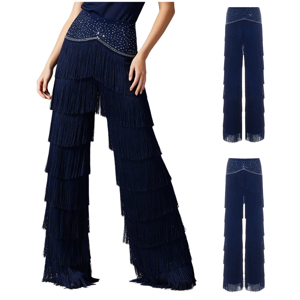 Fringe Tassel Latin Dance Pants | Rhinestone Waist | Straight Leg