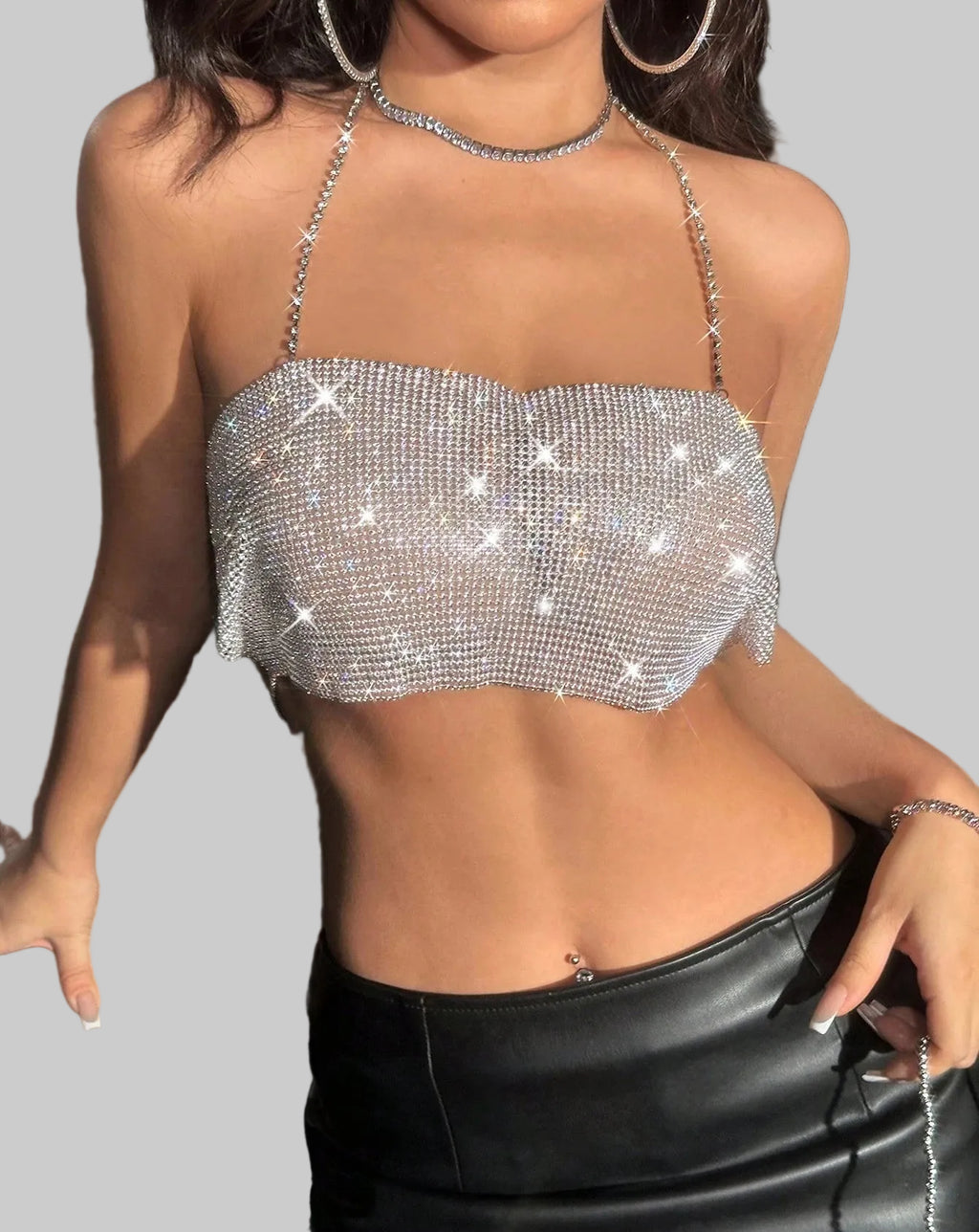 Bling Rhinestone Sequin Halter Crop Top - Backless Metal Tank