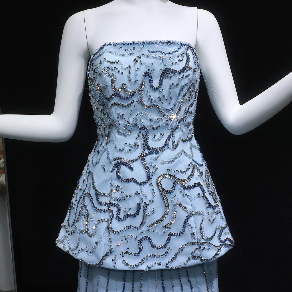 Two-Piece Peplum Gown | Beaded Strapless | Blue & Rose Pink