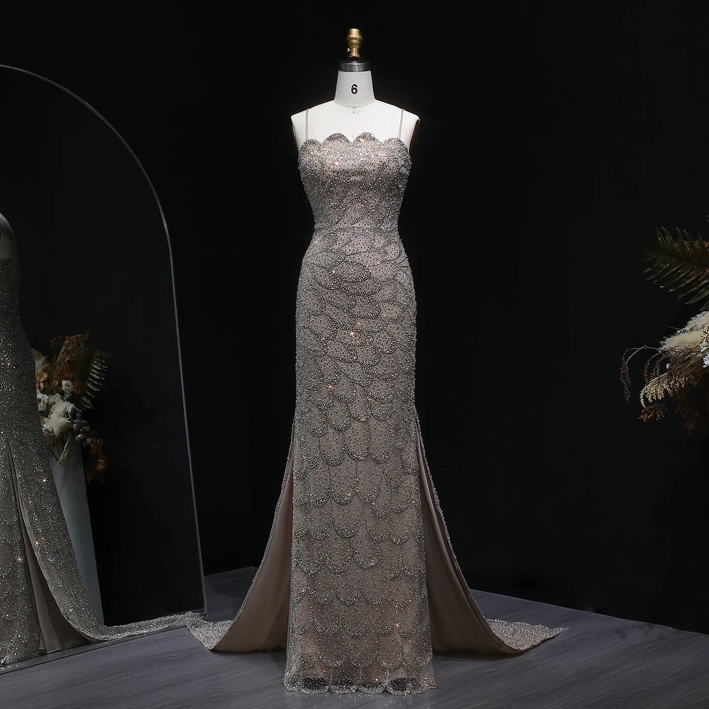 Beaded Sequin Strapless Mermaid Pageant Gown | Court Train | 6 Colors