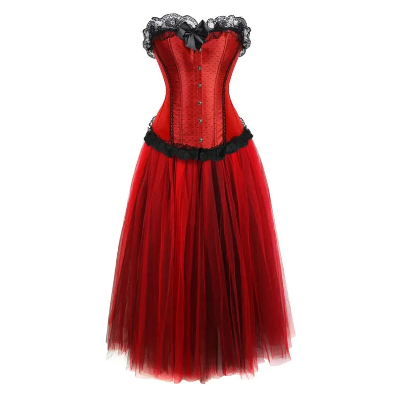 Red Satin Overbust Corset Dress | Black Lace & Tulle | Burlesque & Victorian | XXS–7XL