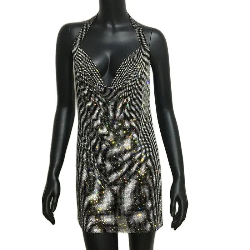 Crystal Rhinestone Halter Mini Dress - Backless Metal Mesh Cocktail Dress