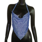 Rhinestone Backless Camisole Crop Top - Deep V-Neck Glitter Tank
