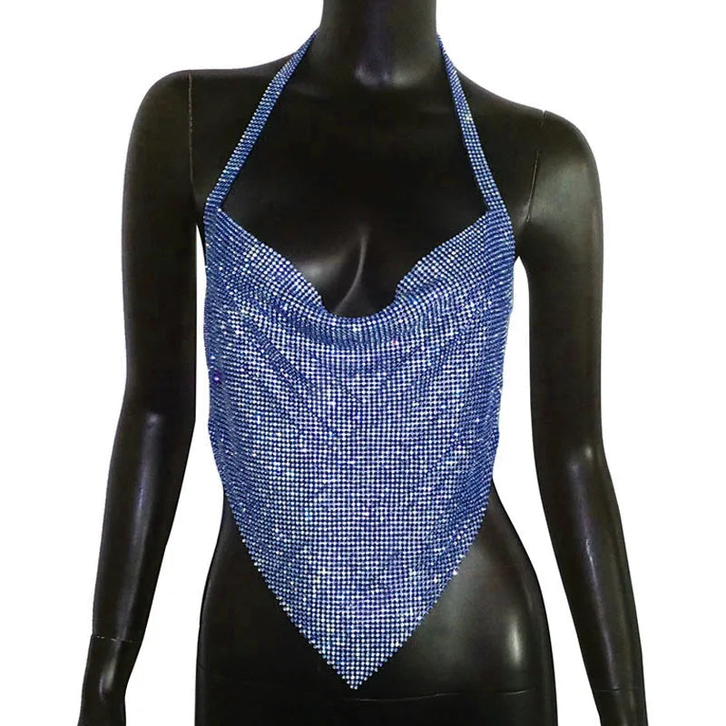 Rhinestone Backless Camisole Crop Top - Deep V-Neck Glitter Tank