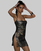 Rhinestone Fishnet Mini Dress - Halter Backless Side Split Dress