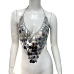 Metal Chain Sequin Halter Camisole - Deep V-Neck Backless Crop Top
