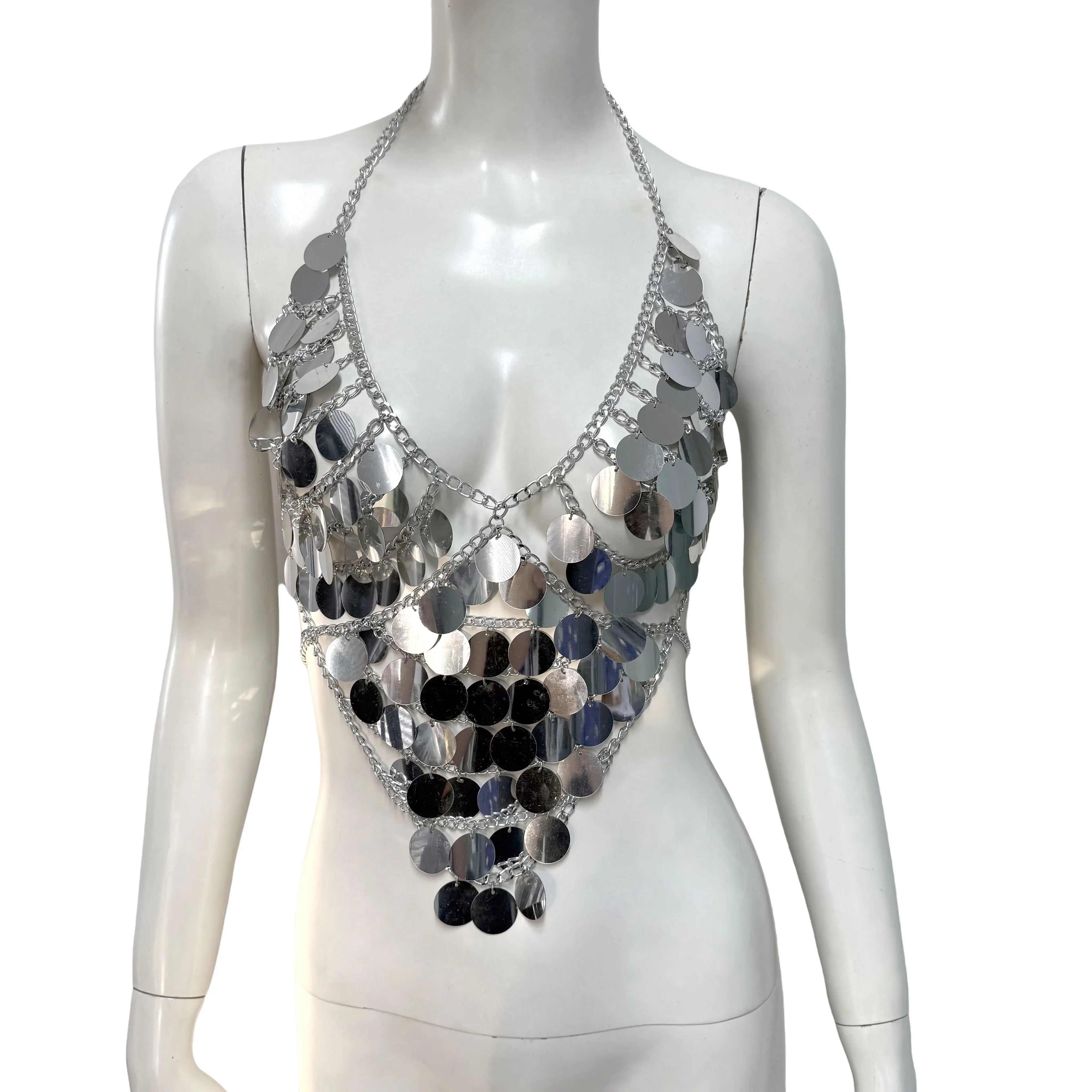 Metal Chain Sequin Halter Camisole - Deep V-Neck Backless Crop Top