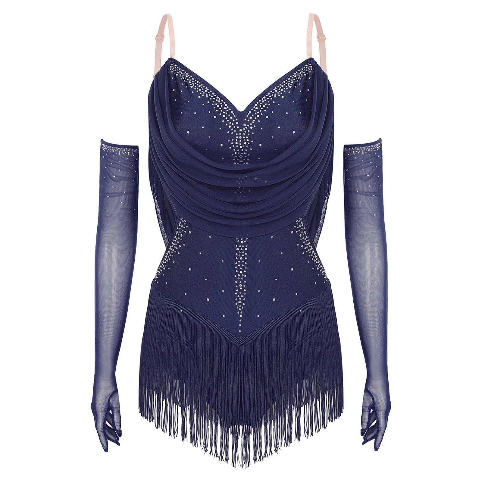 Women's Latin Dance Bodysuit | Fringe & Rhinestone | With Gloves