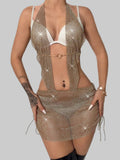 Rhinestone Mesh Halter Mini Dress - Backless Sheer Fishnet Party Dress