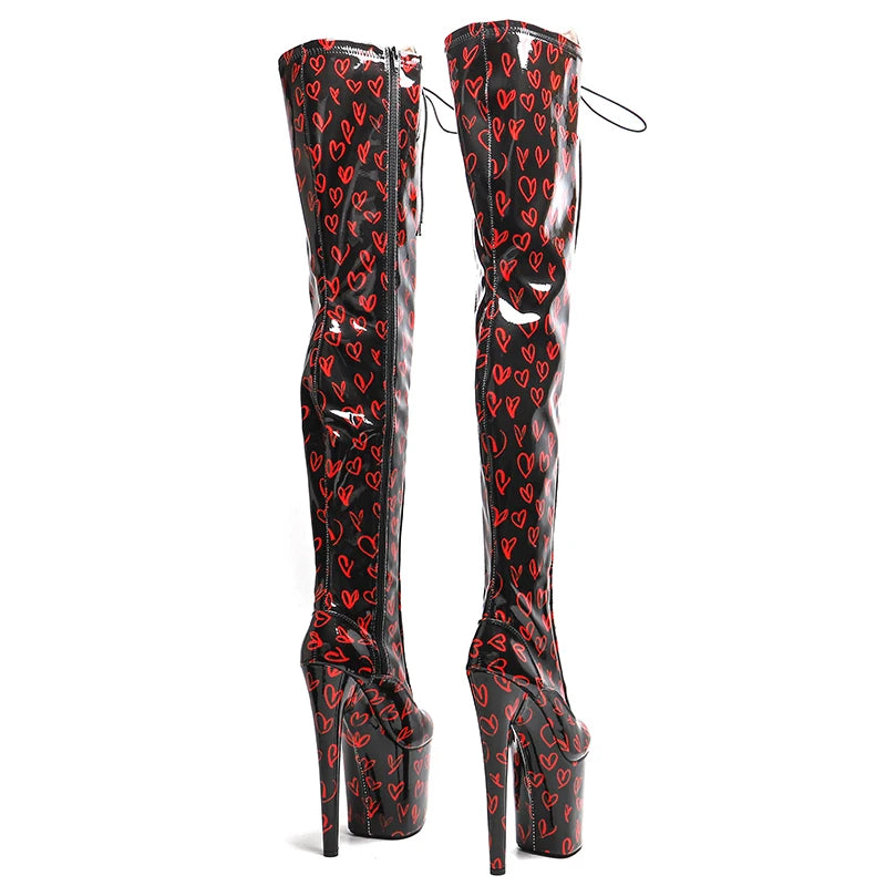 8-Inch Heart Pattern Thigh-High Boots - Lace-Up Dance Boots