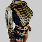 Luxe Black & Gold Diamond Embellished Fringe Bodysuit – Stage Performance Edition