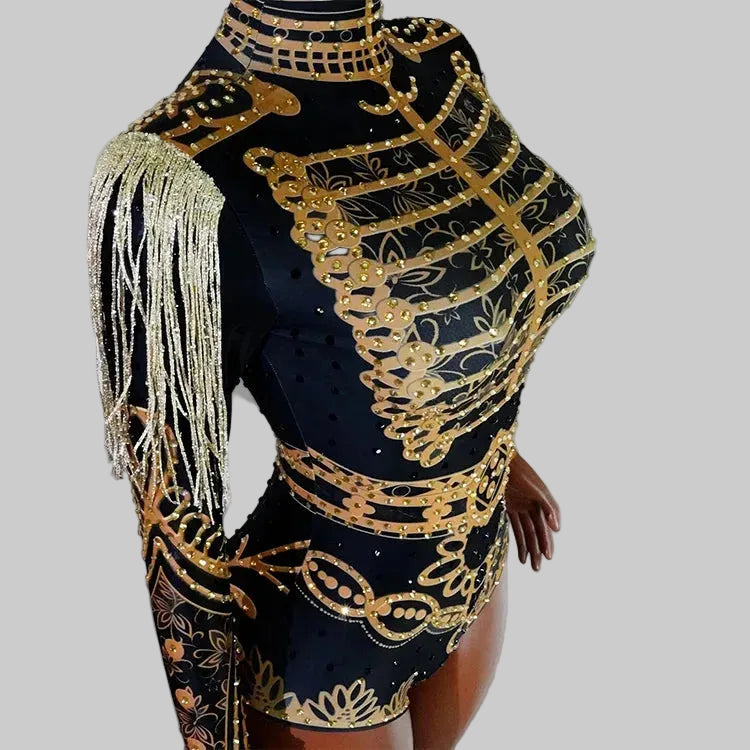 Luxe Black & Gold Diamond Embellished Fringe Bodysuit – Stage Performance Edition
