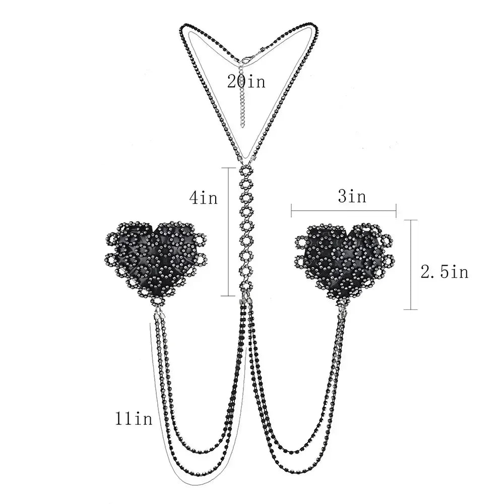 Heart Nipple Pasties | Rhinestone Chain | Body Choker