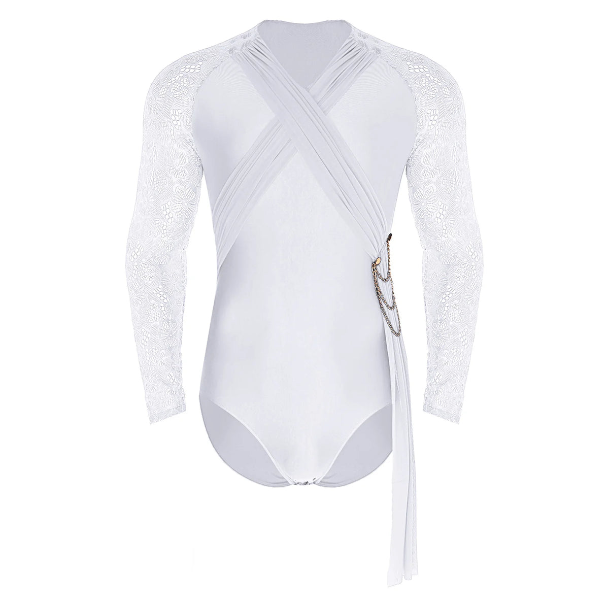 Men's Rhinestone Dance Leotard | V-Neck Lapel & Long Sleeve | Snap Crotch