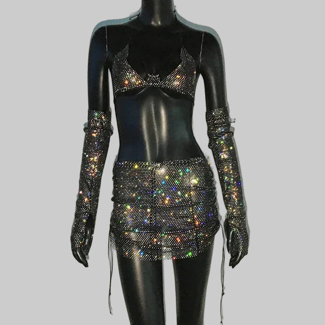 Rhinestone Three-Piece Set - Backless Crop Top, Skirt & Sleeves