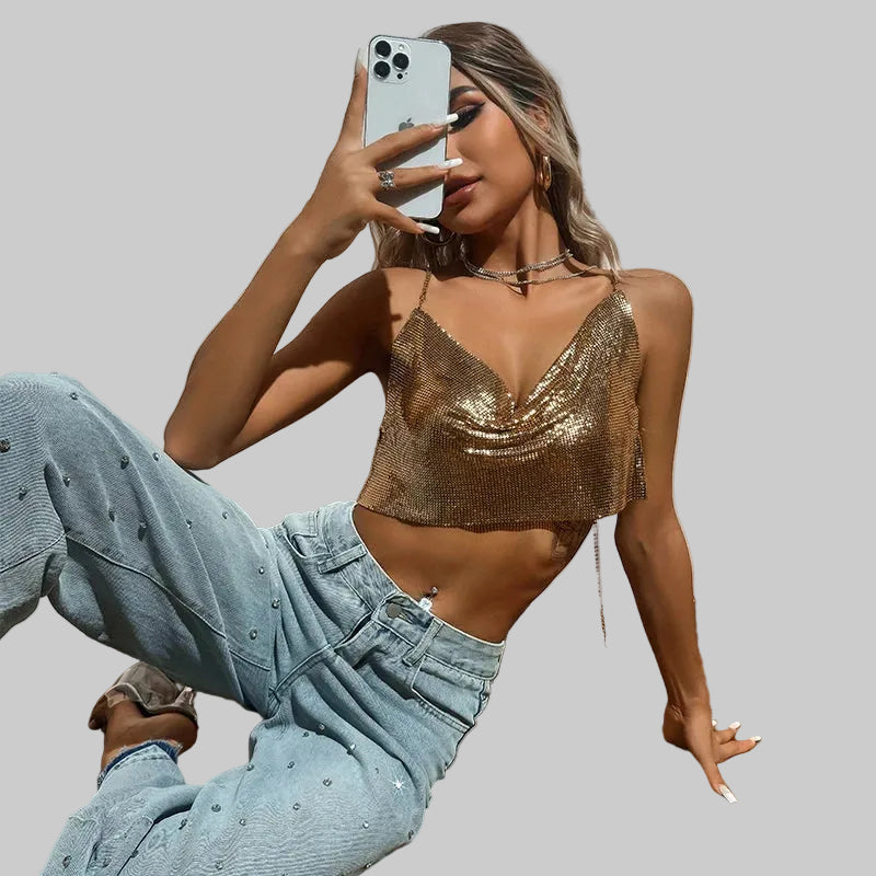 Metal Sequin Rhinestone Chain Crop Top - Deep V Backless Tank