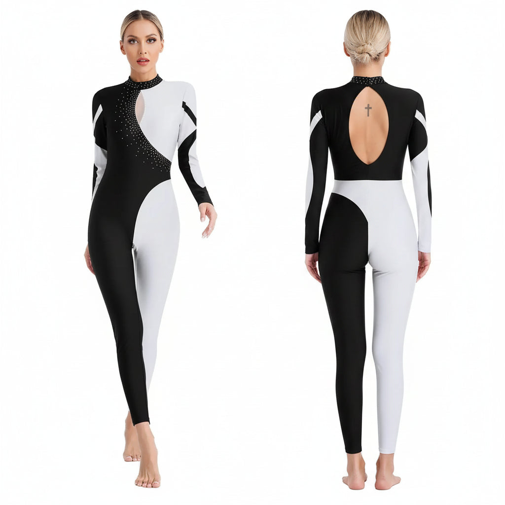 Women's Colorblock Rhinestone Unitard | Mock Neck | Open Back | 5 Colors | S–XXL