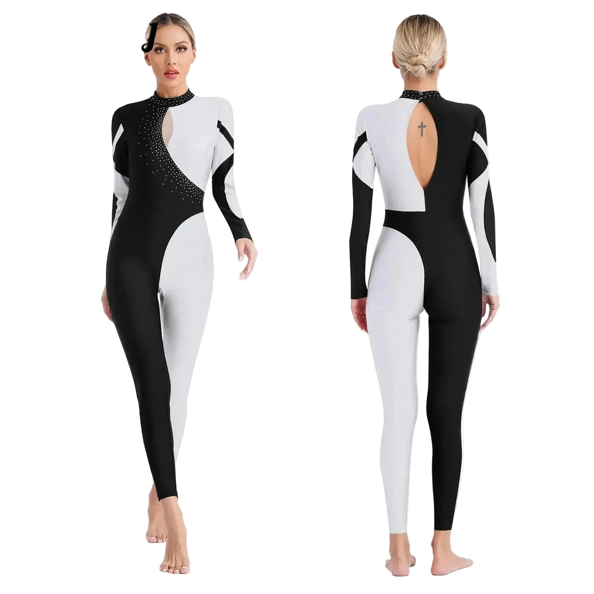 Rhinestone Color-Block Dance Jumpsuit | Long Sleeve | Keyhole Back | Mock Neck