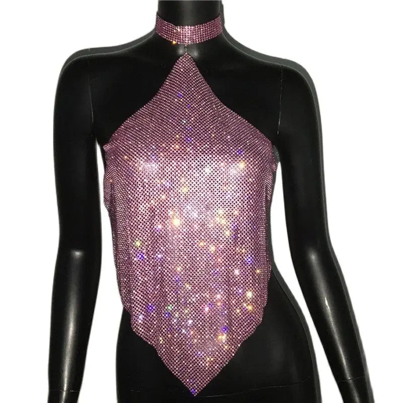 Crystal Rhinestone Halter Mesh Crop Top