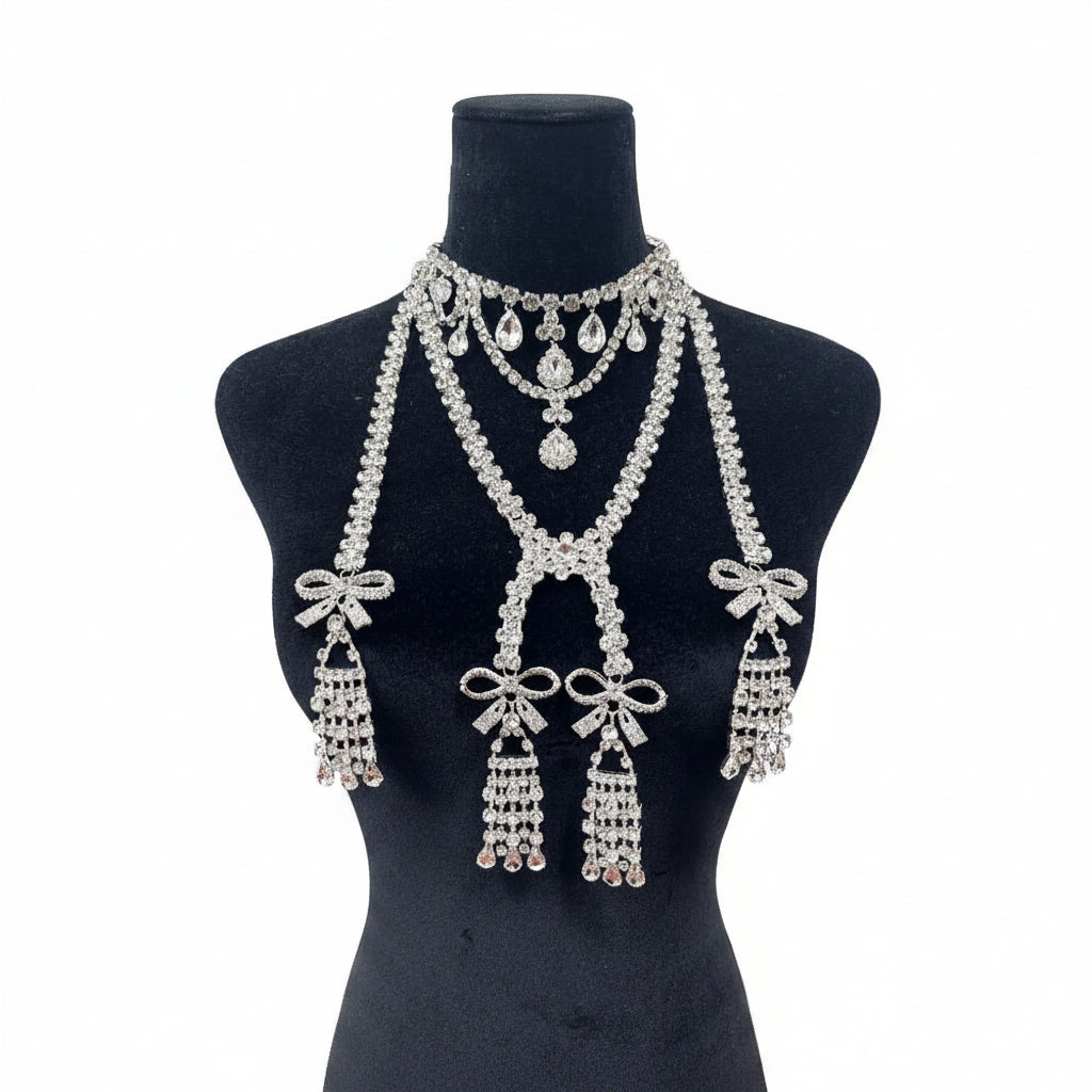 Rhinestone Bowknot Tassel Body Chain | Crystal Silver
