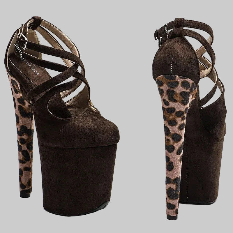 20CM Suede Leopard Platform Sandals - Closed Toe 8 Inch High Heel Pole Dance Shoes
