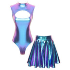 Holographic 2-Piece Set | Cutout Bodysuit + Pleated Skirt