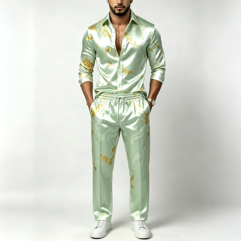 Men's Satin Shirt & Pants Set | Metallic Gold Print | Stage & Party