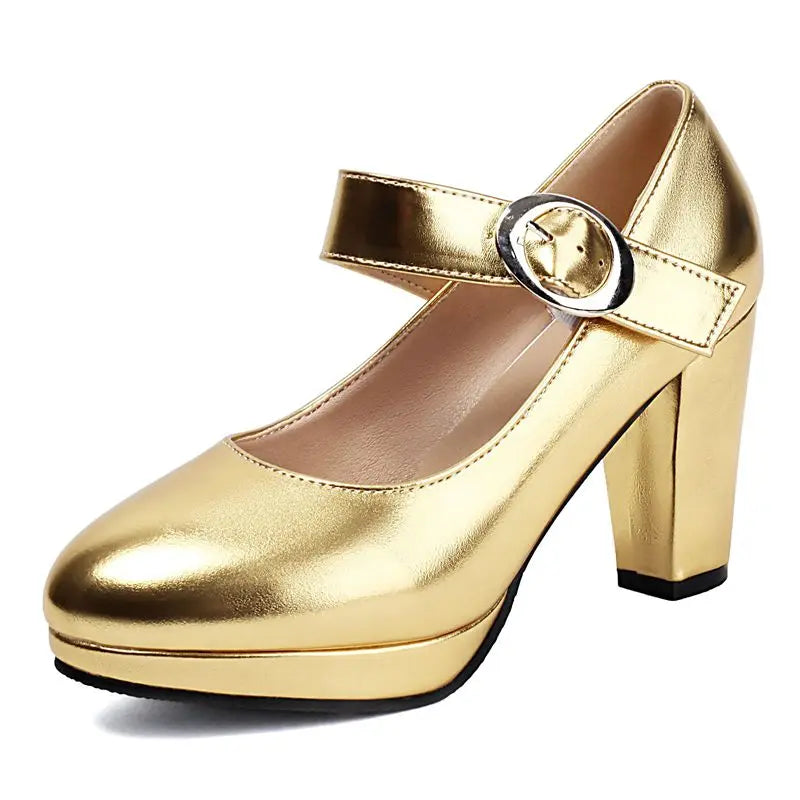 Shiny Mary Jane Platform Pumps | Buckle Strap | 8.5cm Square Heel | EU 32–48