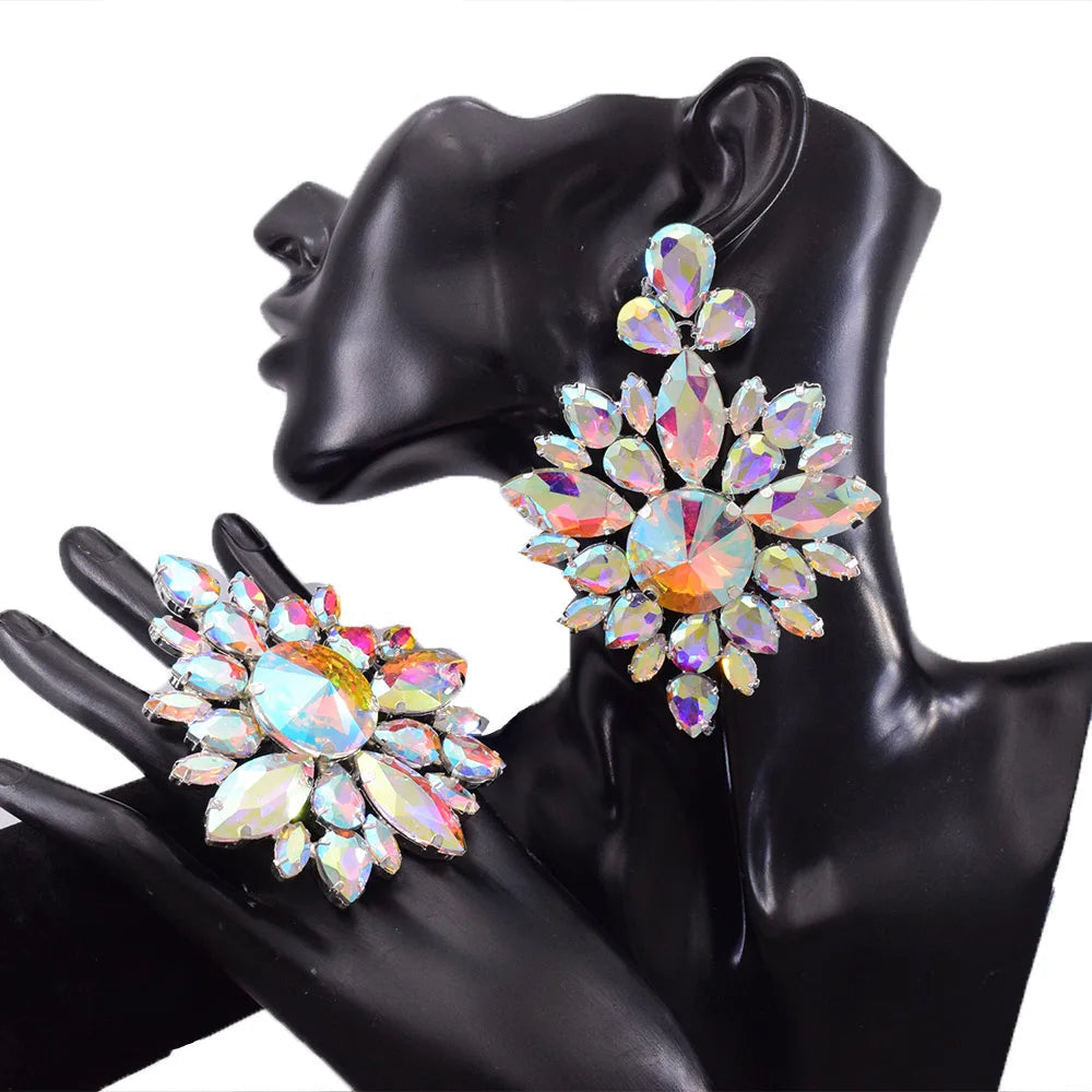 Rhinestone Earring & Ring Jewelry Set | Stage & Bridal | 5 Colors
