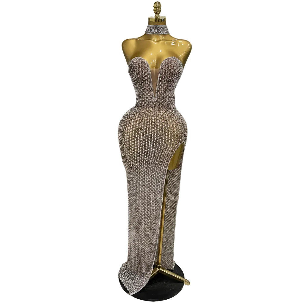 Full Rhinestone Column Maxi Gown | Nude | Luxury Pageant
